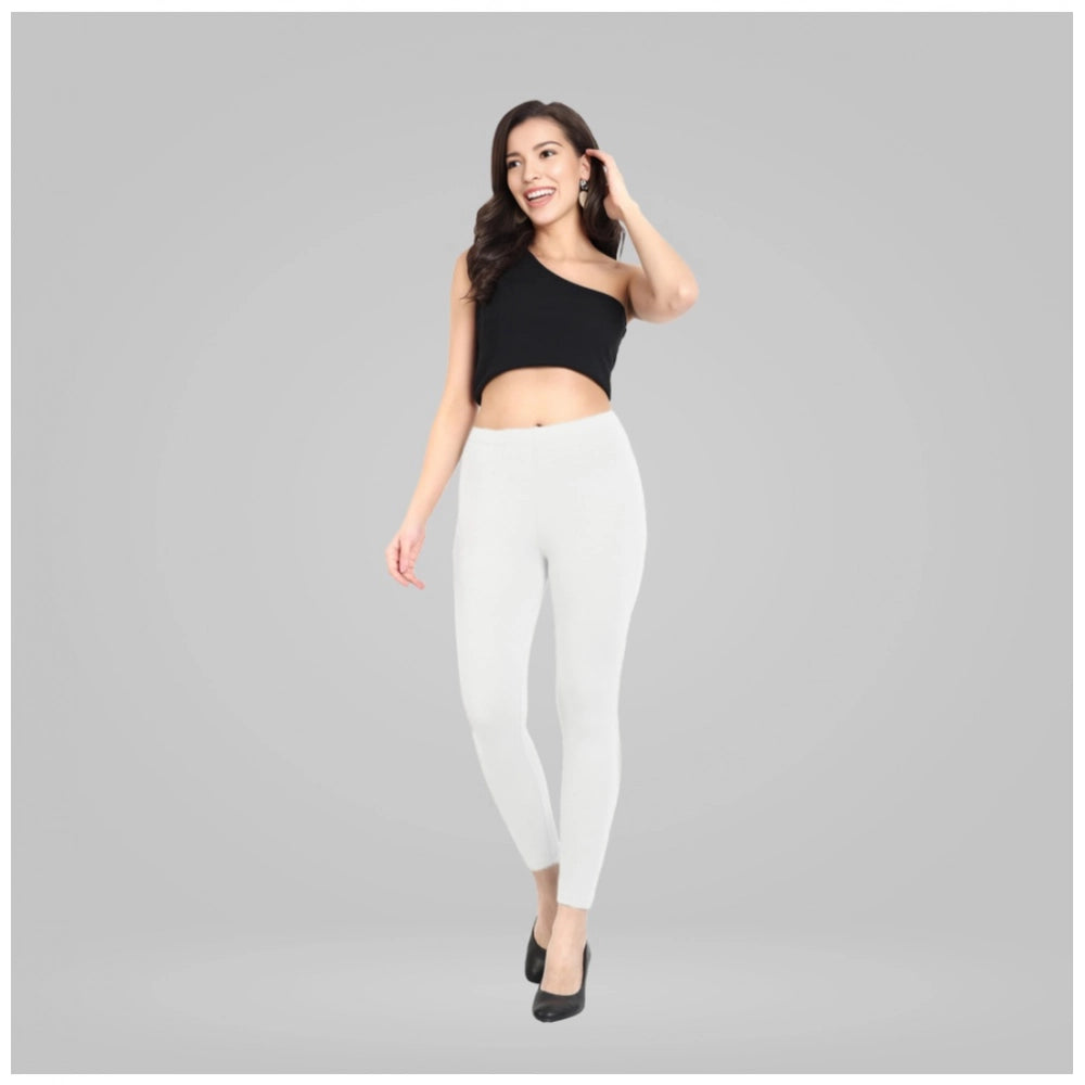 White Cotton Blended Ankle Leggings for Women - Solid Pattern Comfortable Bottom Wear