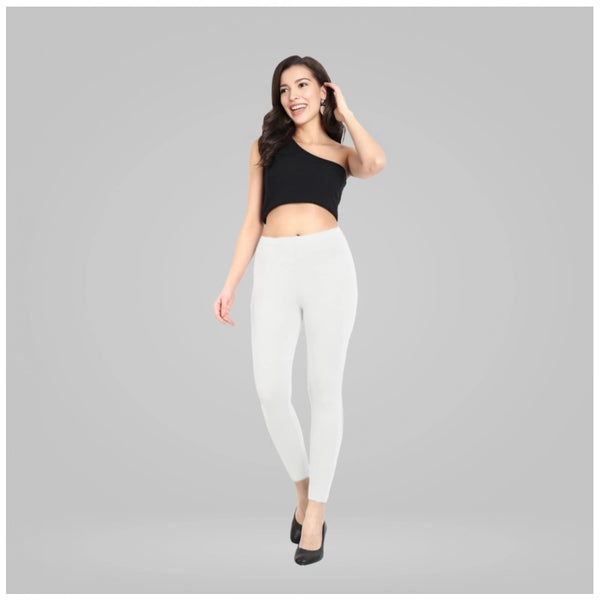 White Cotton Blended Ankle Leggings for Women - Solid Pattern Comfortable Bottom Wear