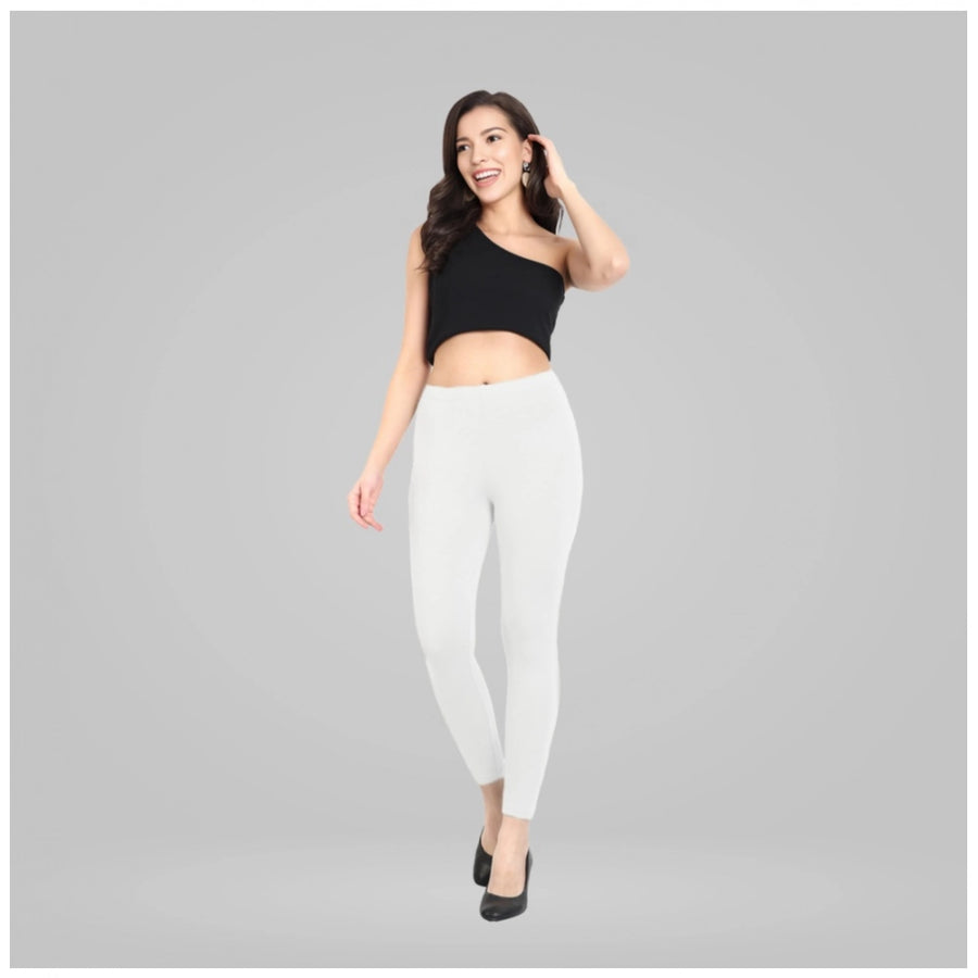White Cotton Blended Ankle Leggings for Women - Solid Pattern Comfortable Bottom Wear