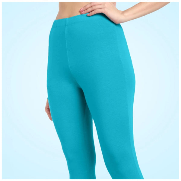 Turquoise Blue Cotton Blended Ankle Leggings for Women - Solid Pattern Comfortable Bottom Wear