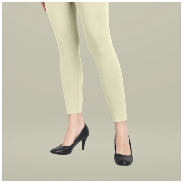 Cream Cotton Blended Ankle Leggings for Women - Solid Pattern Comfortable Bottom Wear