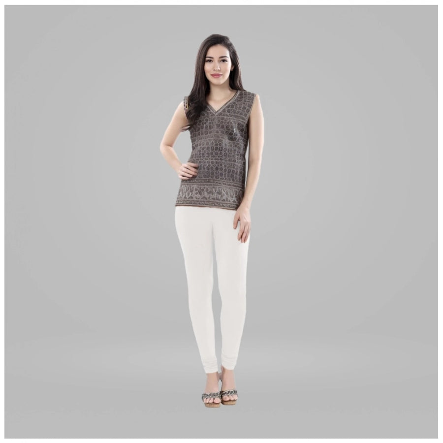 White Cotton Blended Churidar Leggings for Women - Solid Pattern Comfortable Bottom Wear