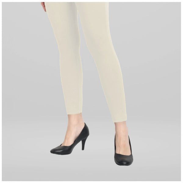 Off White Cotton Blended Ankle Leggings for Women - Solid Pattern Comfortable Bottom Wear