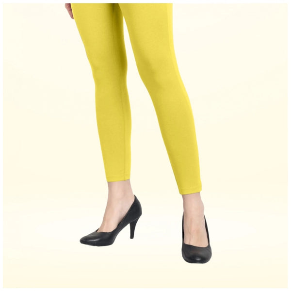 Lemon Yellow Cotton Blended Ankle Leggings for Women - Solid Pattern Comfortable Bottom Wear