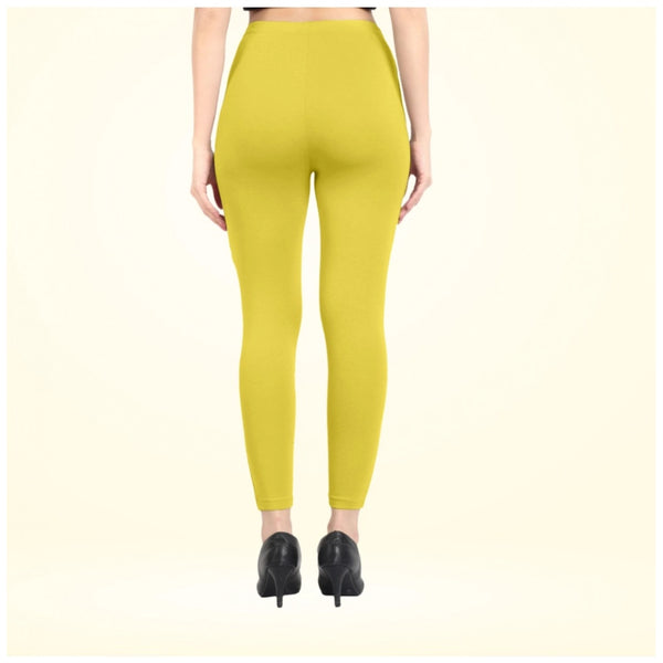 Lemon Yellow Cotton Blended Ankle Leggings for Women - Solid Pattern Comfortable Bottom Wear