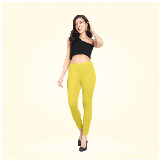 Lemon Yellow Cotton Blended Ankle Leggings for Women - Solid Pattern Comfortable Bottom Wear