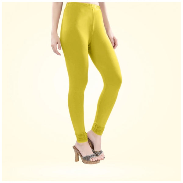 Lemon Yellow Cotton Blended Churidar Leggings for Women - Solid Pattern Comfortable Bottom Wear