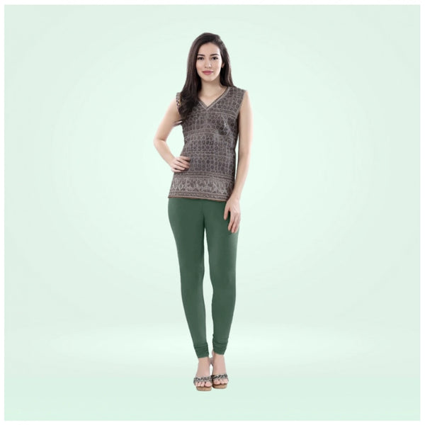 Bottle Green Cotton Blended Churidar Leggings for Women - Solid Pattern Comfortable Bottom Wear