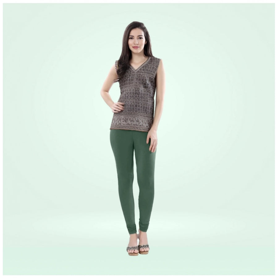 Bottle Green Cotton Blended Churidar Leggings for Women - Solid Pattern Comfortable Bottom Wear
