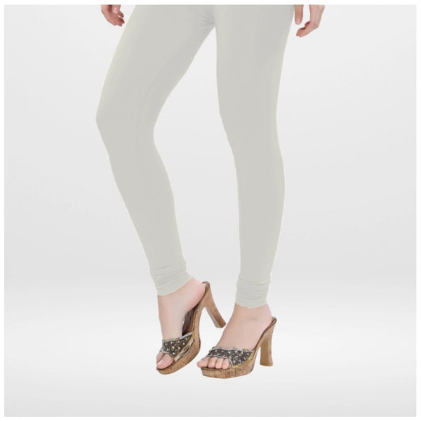 White Cotton Blended Churidar Leggings for Women - Solid Pattern Comfortable Bottom Wear
