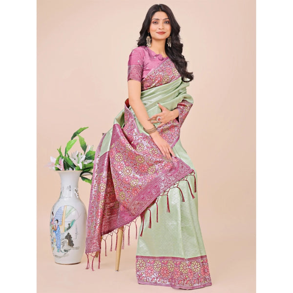Generic Women's Lichi Silk Printed Saree With Unstitched Blouse 5.5Mtr (Olive Green)