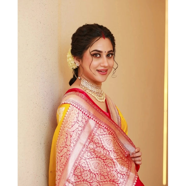 Generic Women's Silk Blend Self Design Banarasi Saree With Unstitched Blouse (5.5Mtr, Yellow Red)