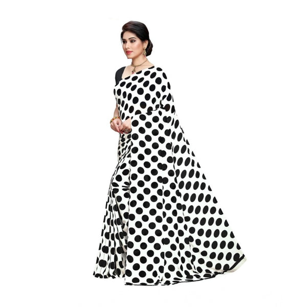 White Black Georgette Printed Saree with Unstitched Blouse for Women - Traditional Wedding Wear (5.5m)