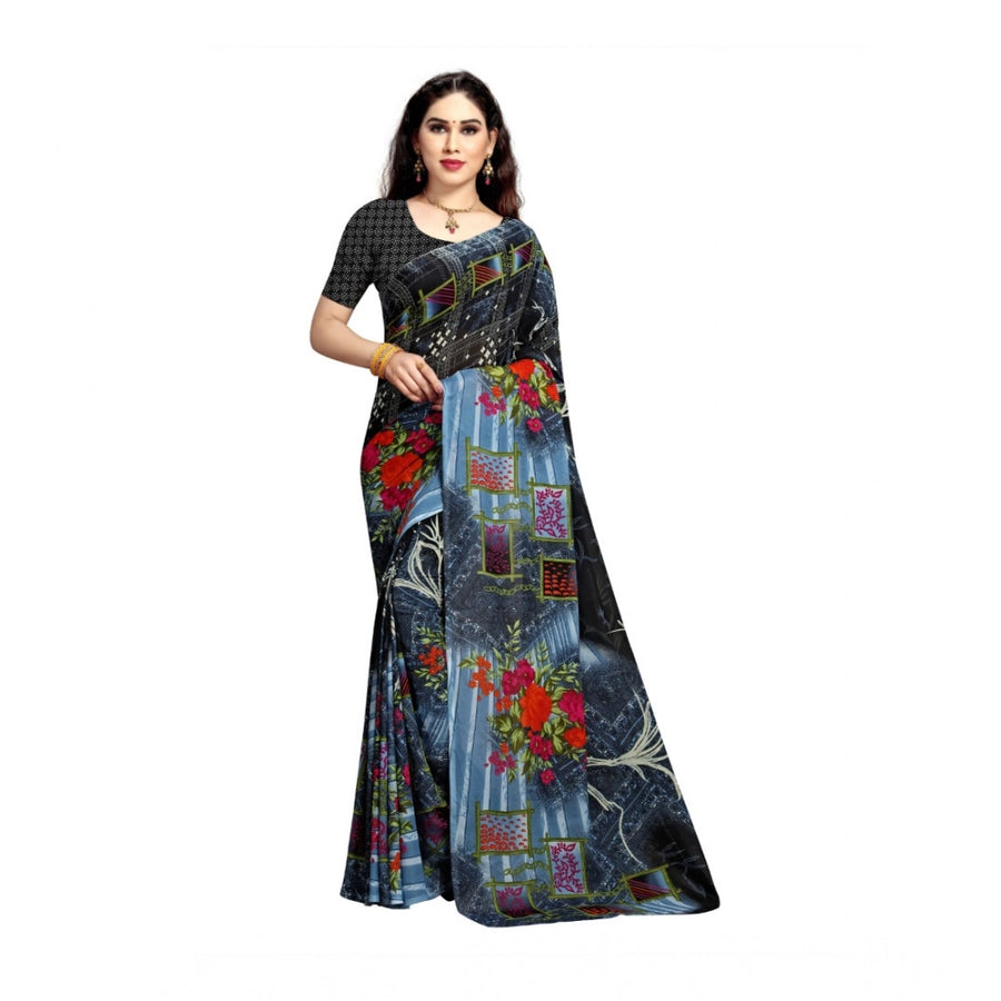 Blue Georgette Printed Saree with Unstitched Blouse for Women - Traditional Wedding Wear (5.5m)