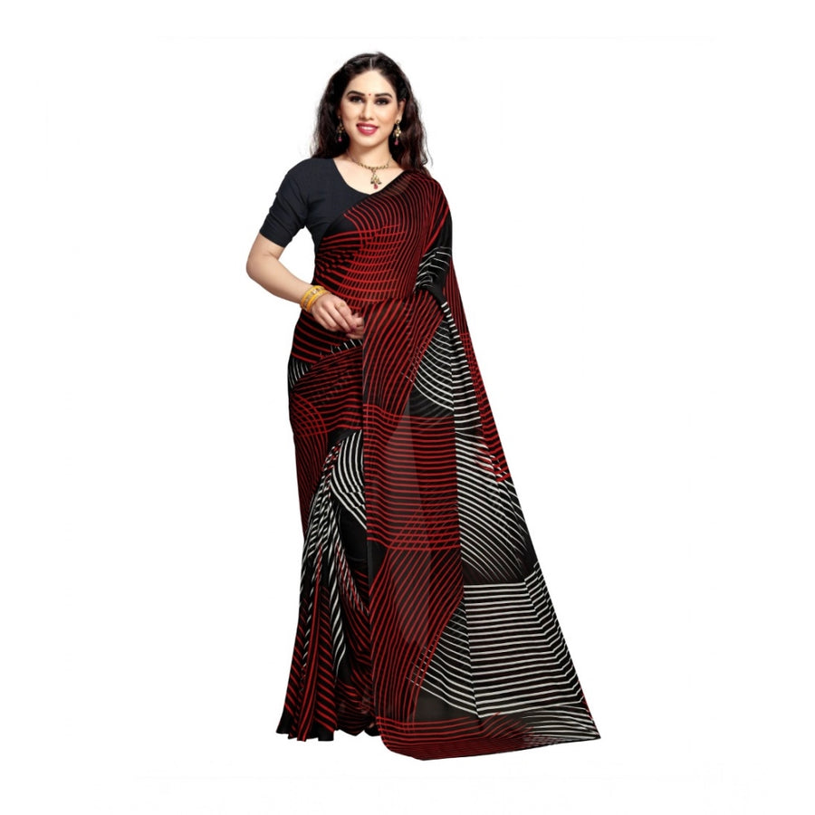 Black Georgette Printed Saree with Unstitched Blouse for Women - Traditional Wedding Wear (5.5m)
