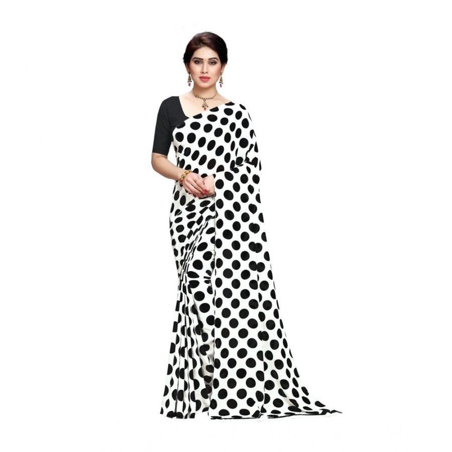 White Black Georgette Printed Saree with Unstitched Blouse for Women - Traditional Wedding Wear (5.5m)