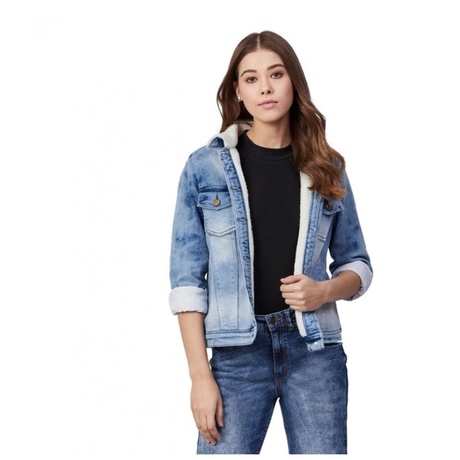 Blue Denim Washed Long Sleeve Jacket for Women - Casual Western Wear Outerwear