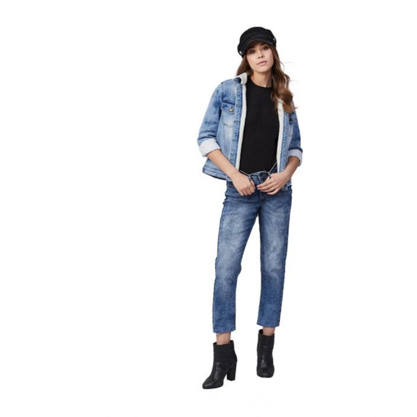 Blue Denim Washed Long Sleeve Jacket for Women - Casual Western Wear Outerwear