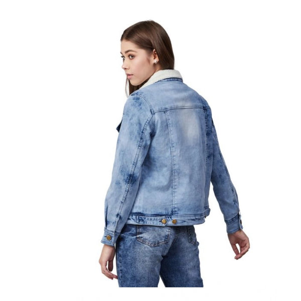 Blue Denim Washed Long Sleeve Jacket for Women - Casual Western Wear Outerwear