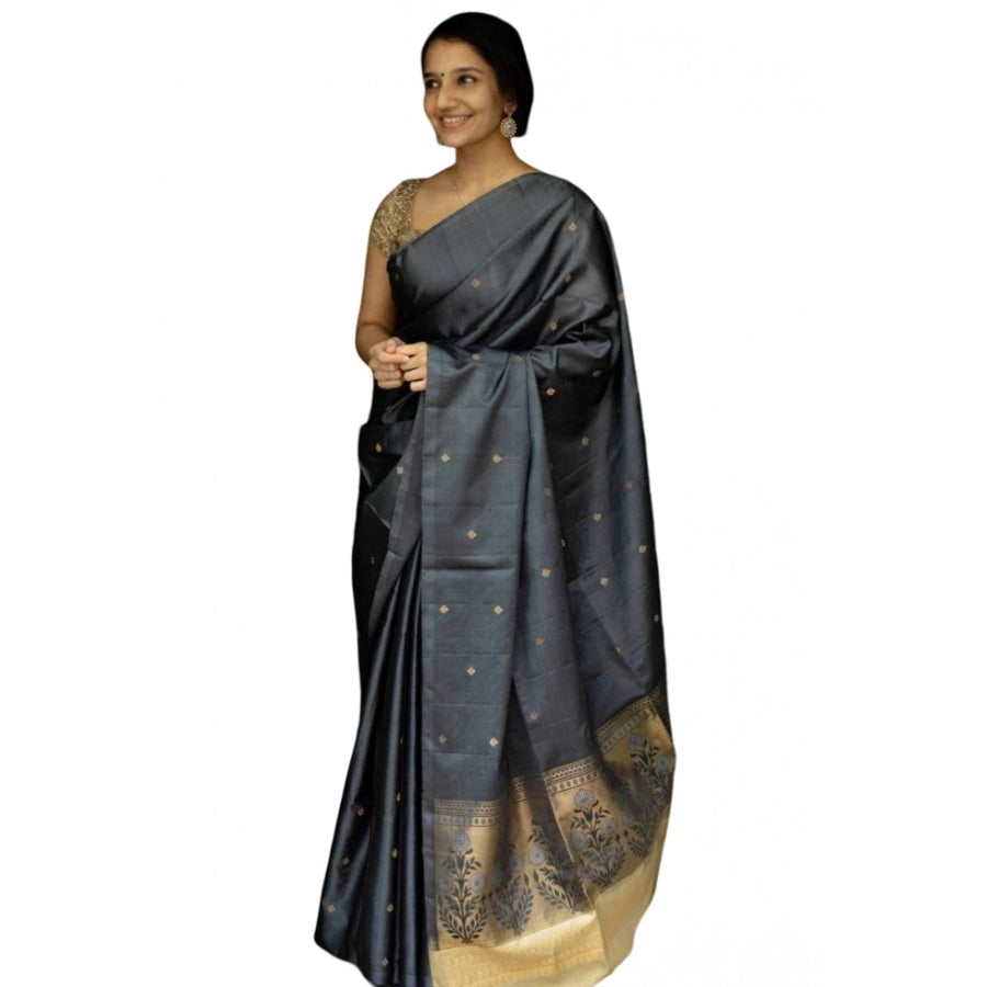 Gray Soft Litchi Silk Saree with Jacquard Work - Elegant Traditional Saree with Unstitched Blouse