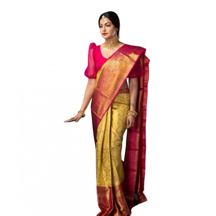 Mustard Yellow Soft Litchi Silk Saree with Jacquard Work - Premium Festival Saree with Unstitched Blouse