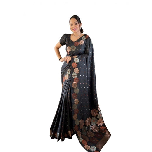 Black Soft Litchi Silk Saree with Jacquard Work - Elegant Traditional Saree with Unstitched Blouse