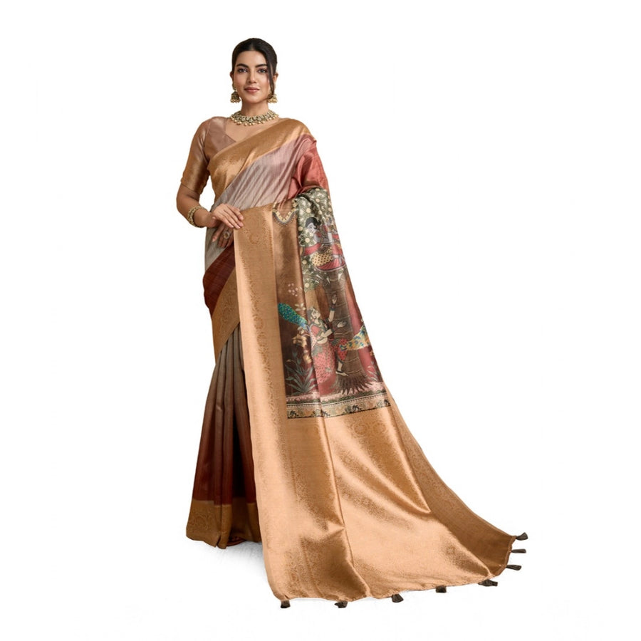 Brown Silk Printed Saree with Unstitched Blouse for Women - Traditional Wedding Wear (5.5m)