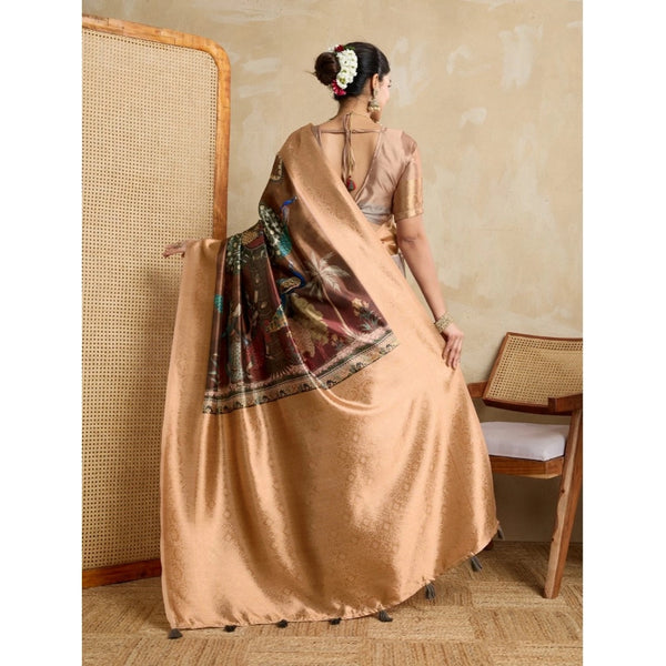 Brown Silk Printed Saree with Unstitched Blouse for Women - Traditional Wedding Wear (5.5m)