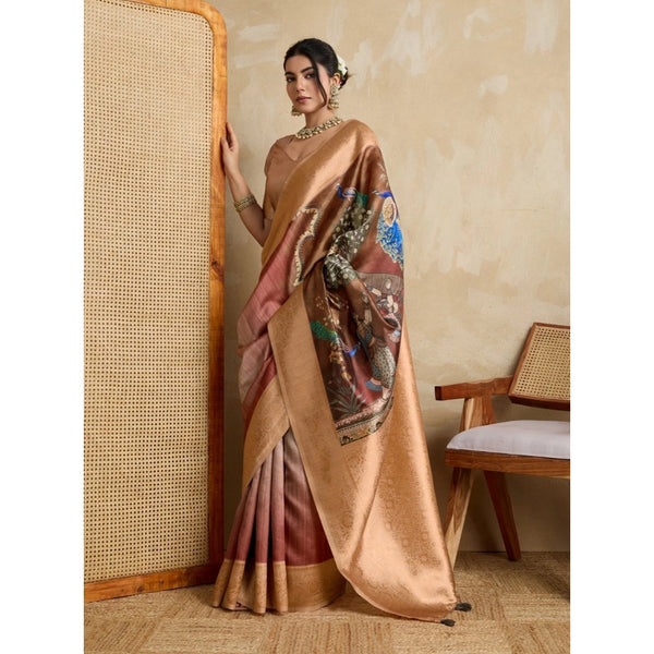 Brown Silk Printed Saree with Unstitched Blouse for Women - Traditional Wedding Wear (5.5m)