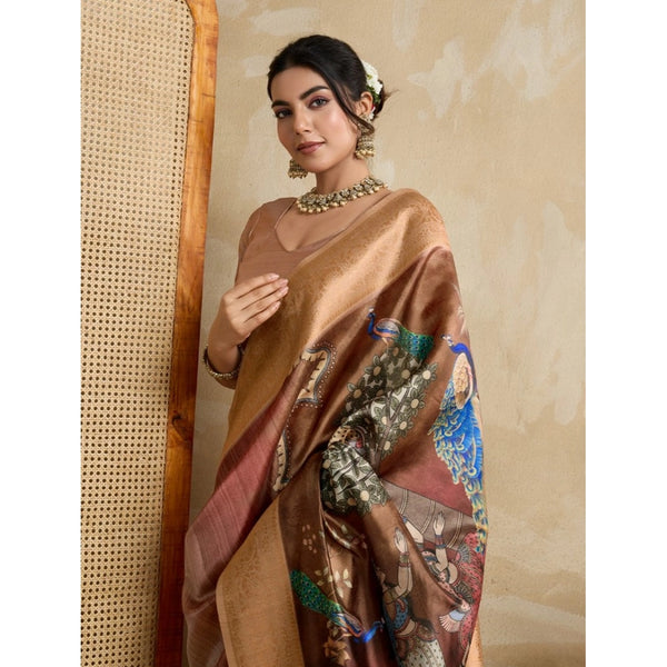 Brown Silk Printed Saree with Unstitched Blouse for Women - Traditional Wedding Wear (5.5m)