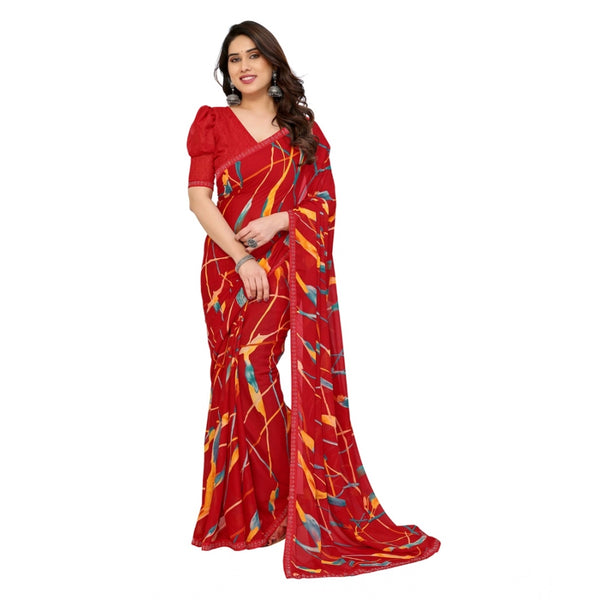 Red Georgette Printed Saree with Unstitched Blouse for Women - Traditional Wedding Wear (5.5m)