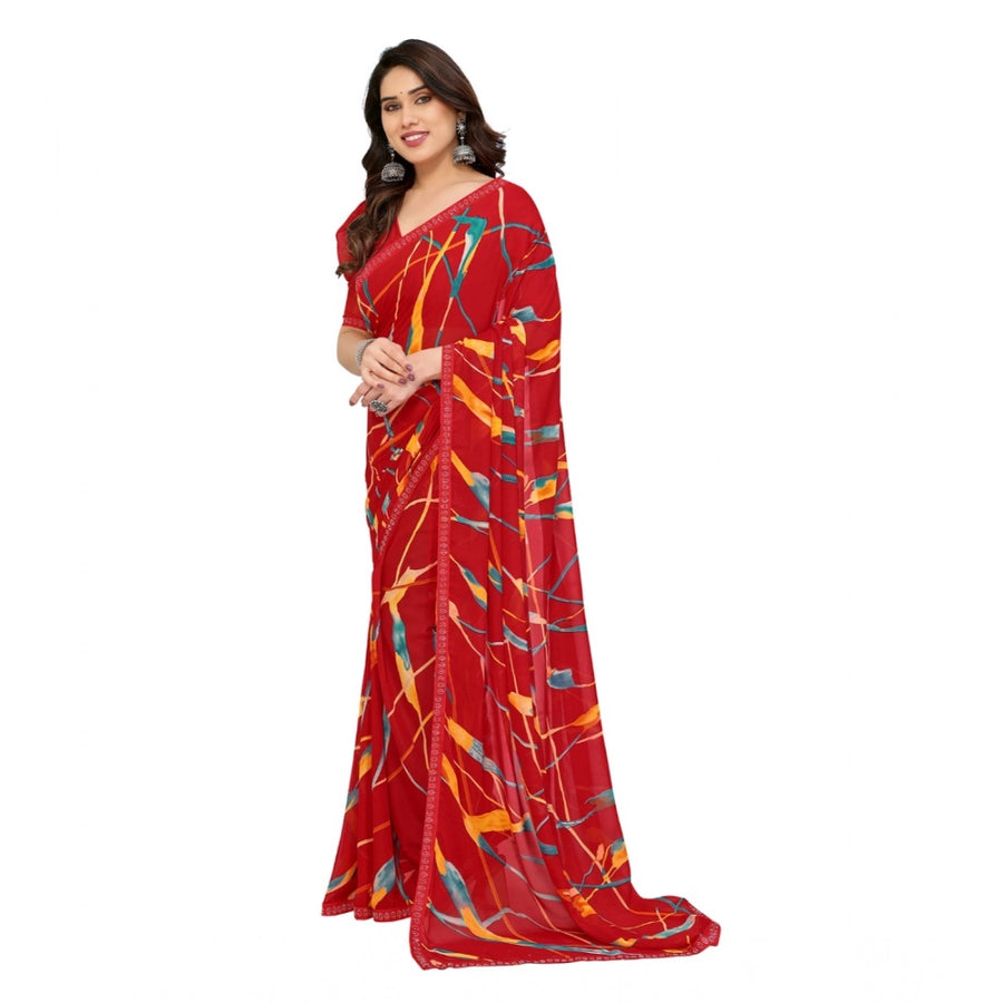 Red Georgette Printed Saree with Unstitched Blouse for Women - Traditional Wedding Wear (5.5m)