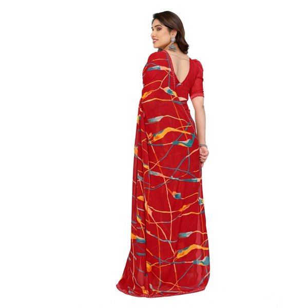 Red Georgette Printed Saree with Unstitched Blouse for Women - Traditional Wedding Wear (5.5m)