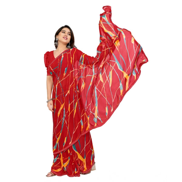 Red Georgette Printed Saree with Unstitched Blouse for Women - Traditional Wedding Wear (5.5m)