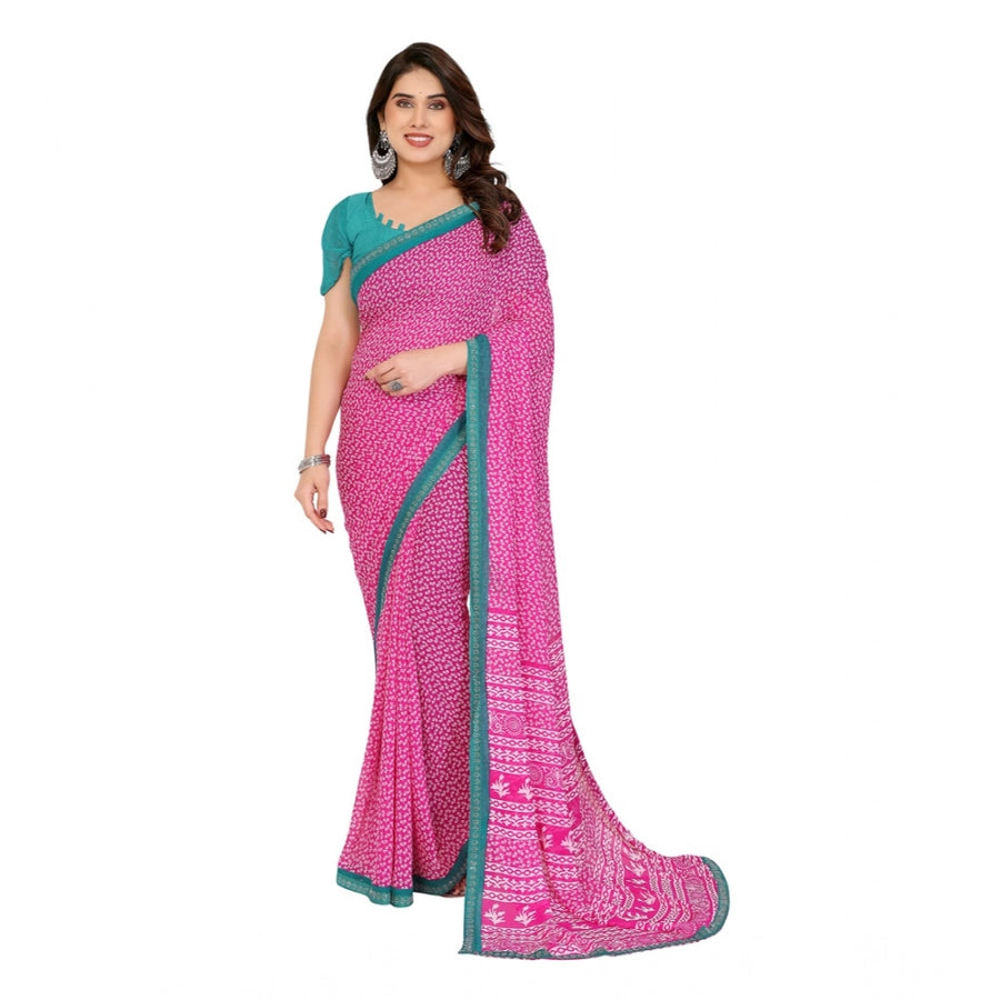 Pink Georgette Printed Saree with Unstitched Blouse for Women - Traditional Wedding Wear (5.5m)