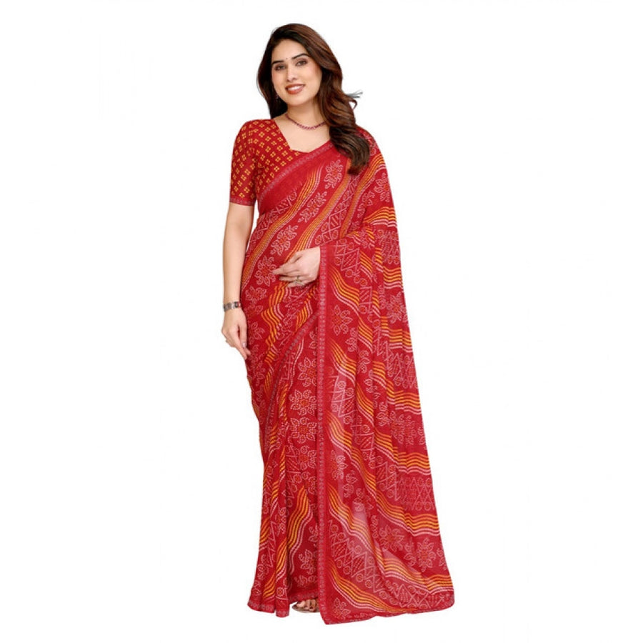 Red Georgette Printed Saree with Unstitched Blouse for Women - Traditional Wedding Wear (5.5m)