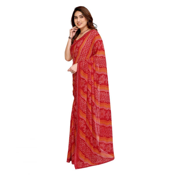 Red Georgette Printed Saree with Unstitched Blouse for Women - Traditional Wedding Wear (5.5m)