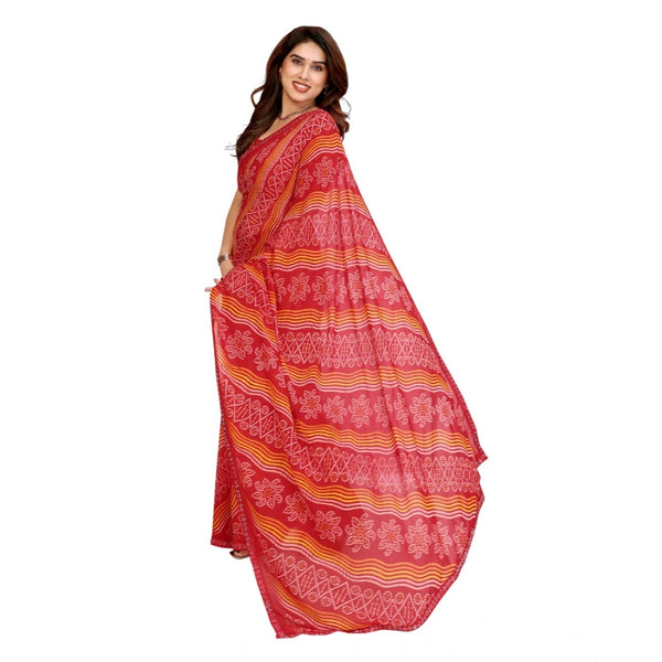 Red Georgette Printed Saree with Unstitched Blouse for Women - Traditional Wedding Wear (5.5m)