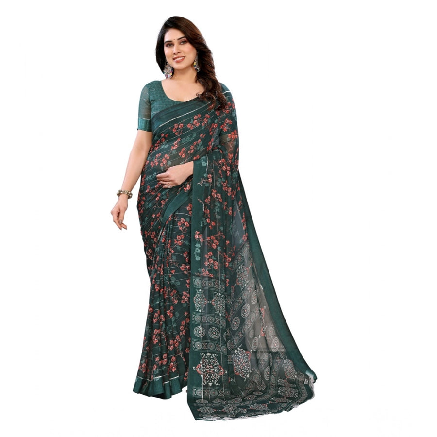 Green Georgette Printed Saree with Unstitched Blouse for Women - Traditional Wedding Wear (5.5m)