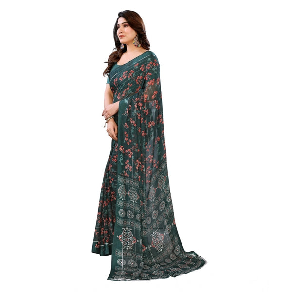 Green Georgette Printed Saree with Unstitched Blouse for Women - Traditional Wedding Wear (5.5m)