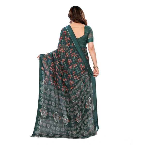 Green Georgette Printed Saree with Unstitched Blouse for Women - Traditional Wedding Wear (5.5m)
