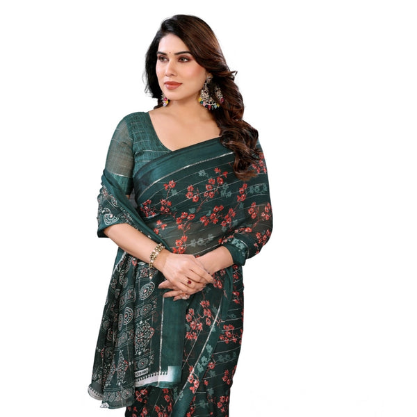 Green Georgette Printed Saree with Unstitched Blouse for Women - Traditional Wedding Wear (5.5m)