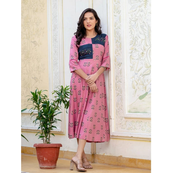 Generic Women's Rayon  Print With Embroidery Work A-Line Kurti (Wine)