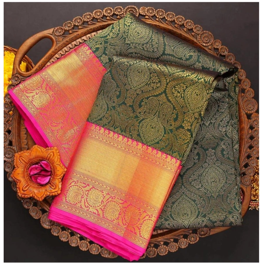 Generic Women's  Soft Litchi Silk Jacquard Work Saree With Unstitched Blouse 5.5Mtr (Green)