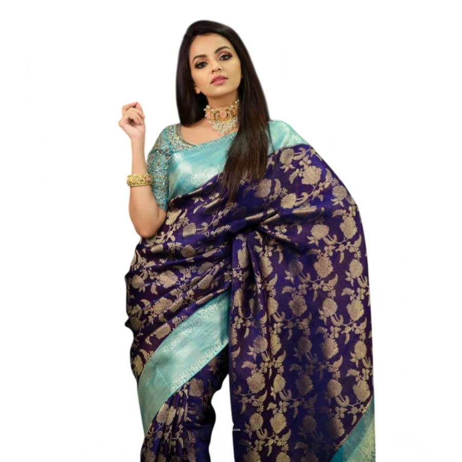 Blue Soft Litchi Silk Saree with Jacquard Work - Premium Traditional Saree with Unstitched Blouse
