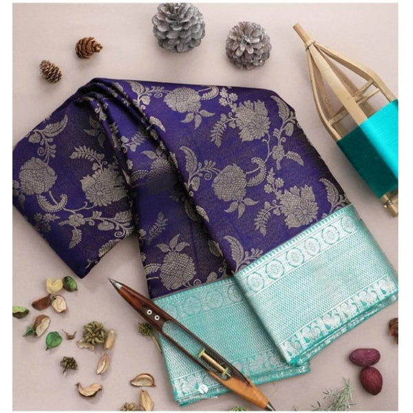 Blue Soft Litchi Silk Saree with Jacquard Work - Premium Traditional Saree with Unstitched Blouse