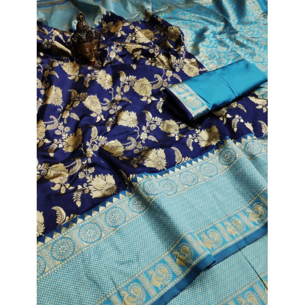 Blue Soft Litchi Silk Saree with Jacquard Work - Premium Traditional Saree with Unstitched Blouse