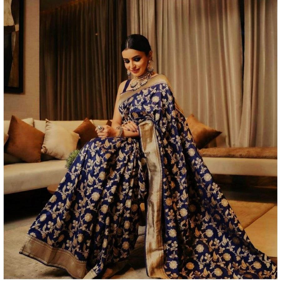 Blue Soft Litchi Silk Saree with Jacquard Work - Elegant Traditional Saree with Unstitched Blouse
