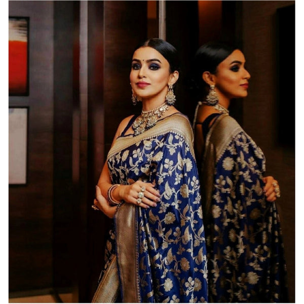 Blue Soft Litchi Silk Saree with Jacquard Work - Elegant Traditional Saree with Unstitched Blouse
