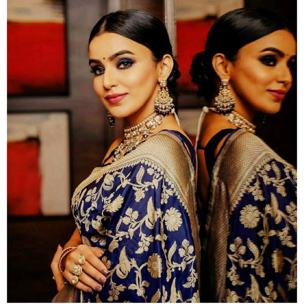 Blue Soft Litchi Silk Saree with Jacquard Work - Elegant Traditional Saree with Unstitched Blouse
